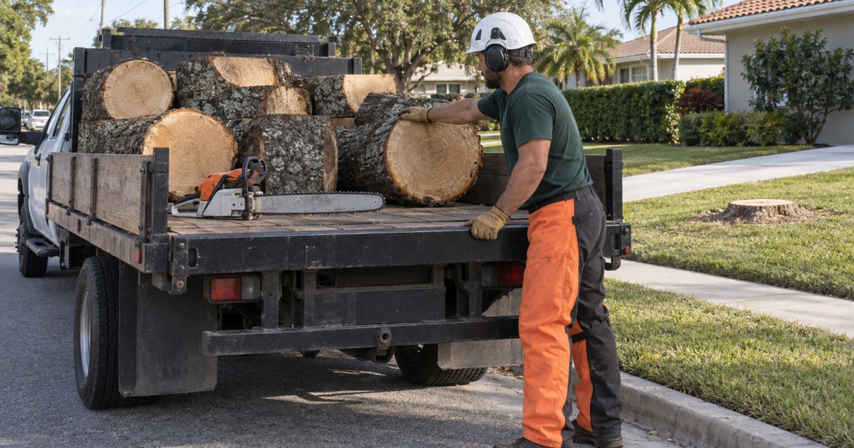 Worker squaring cut live oak rounds on a flatbed tailboard in Fort Myers.