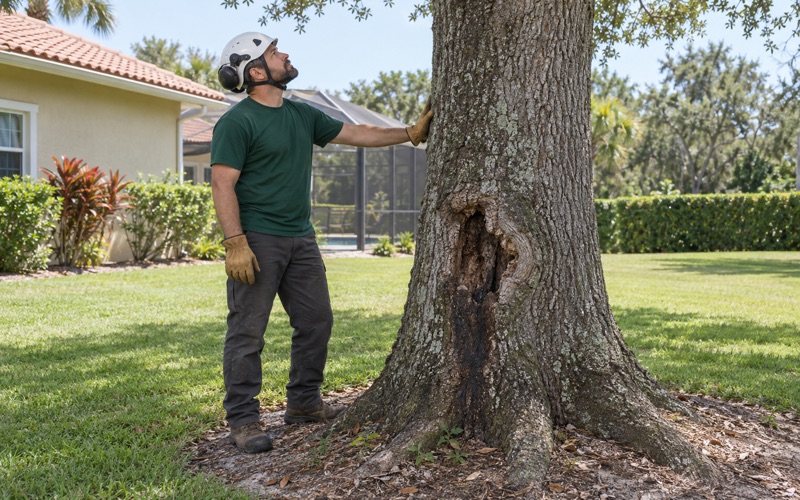 Worker reading a basal cavity in a laurel oak bole in a Fort Myers back yard.