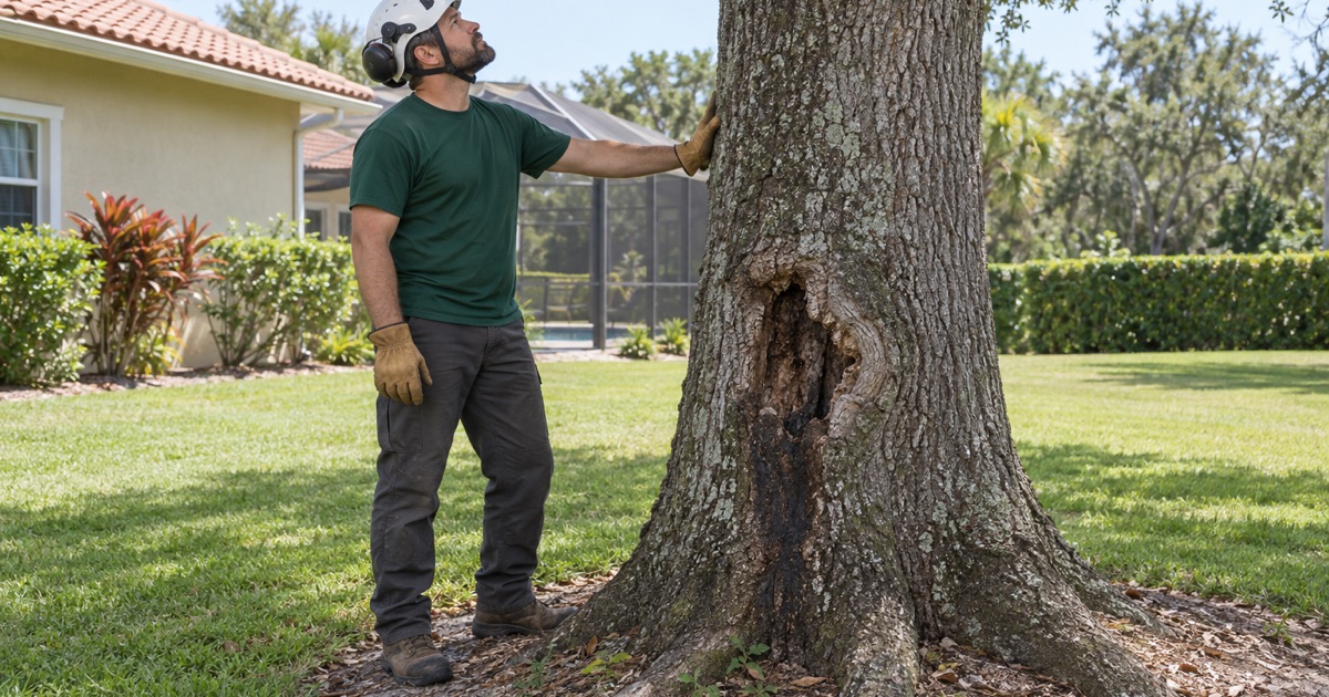 Worker reading a basal cavity in a laurel oak bole in a Fort Myers back yard.