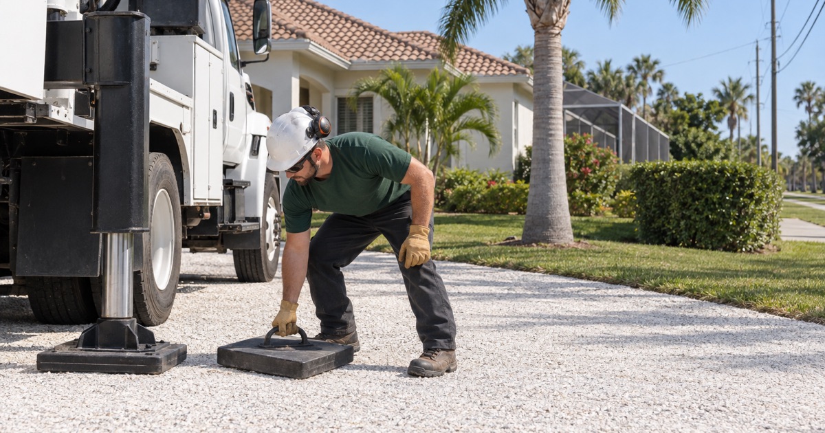 Worker laying an outrigger pad on a Fort Myers shell drive before a queen palm job.