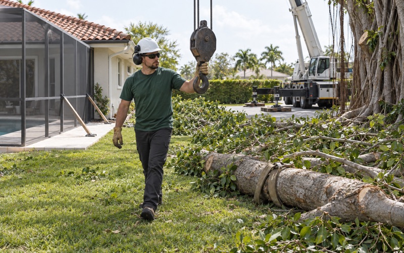Worker walking an empty crane hook block out to the next banyan pick on a Fort Myers lot.