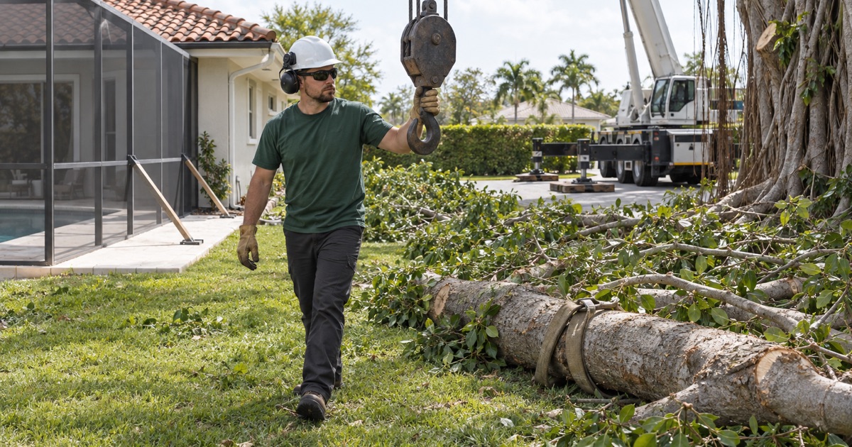 Worker walking an empty crane hook block out to the next banyan pick on a Fort Myers lot.