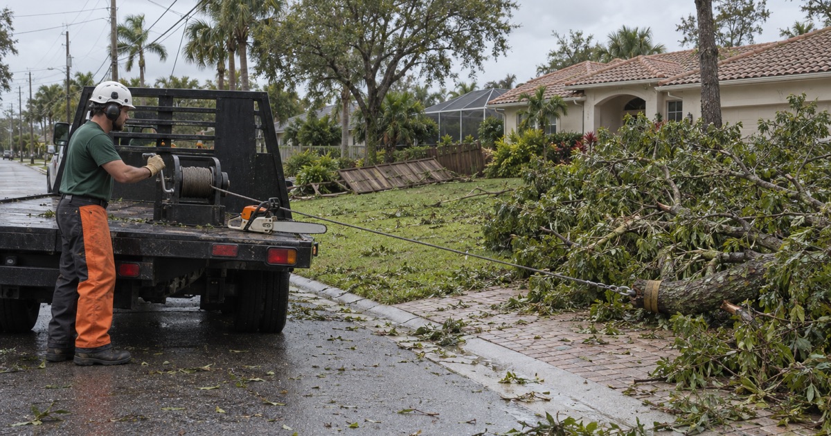 Worker at a truck winch drum drawing a storm-broken laurel oak top clear of a Fort Myers drive.