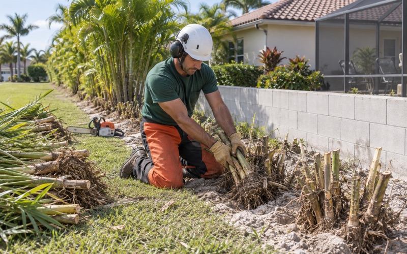 Worker gathering a cut areca palm stem cluster out of a Fort Myers boundary planting.