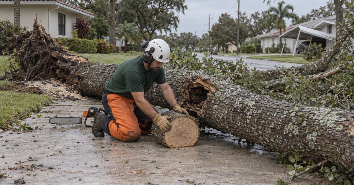 Worker setting a live oak log round as cribbing under a storm-failed stem across a Fort Myers drive.