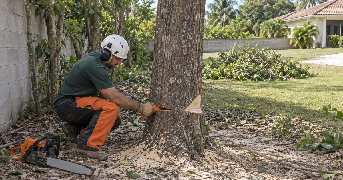 Worker seating a felling wedge in the back cut of a java plum at a Fort Myers rear boundary.