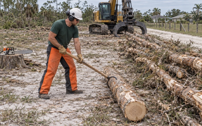 Worker rolling a cut melaleuca cull log onto a windrow with a cant hook on a Fort Myers clearing lot.