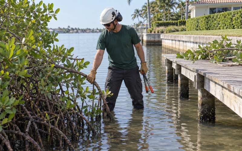 Worker steadying a red mangrove prop root while cutting back a low branch at a Fort Myers tidal shoreline.