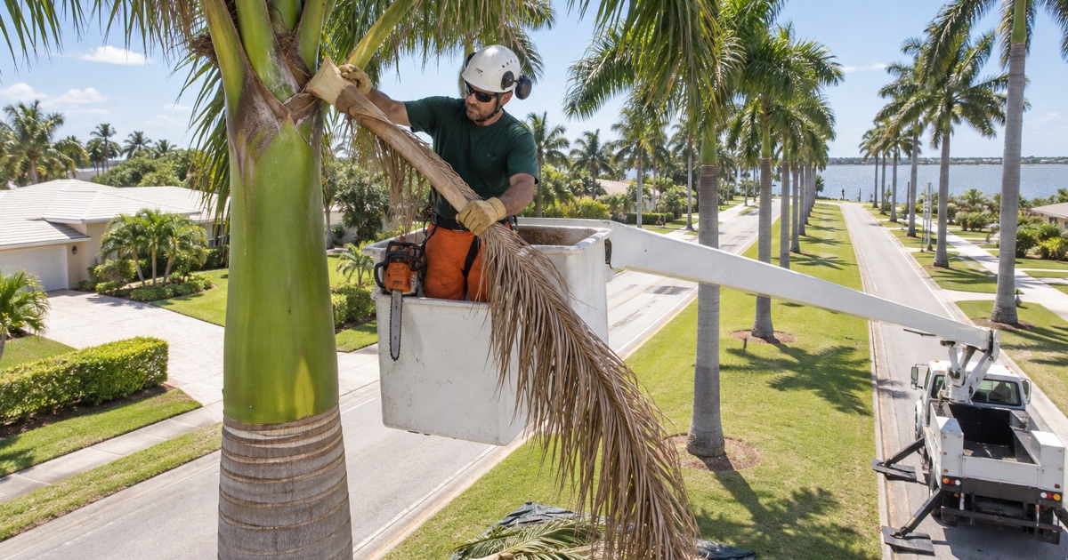Worker in a bucket cutting a royal palm frond at its leaf base above a Fort Myers boulevard.
