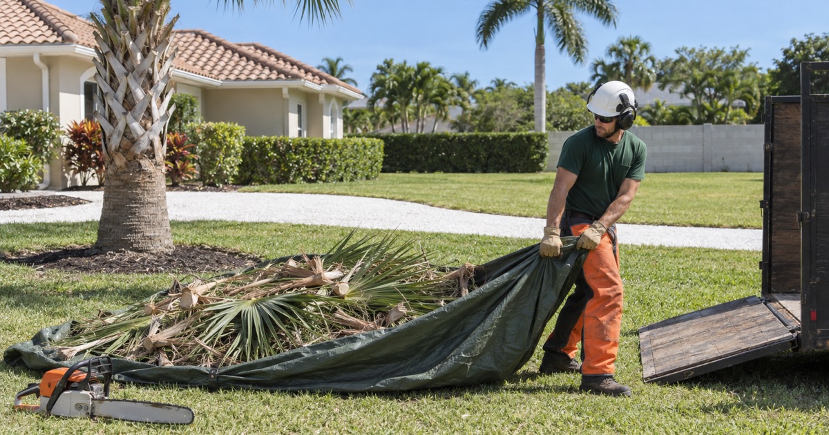 Worker drawing a tarp of cut cabbage palm fronds together in a Fort Myers front yard.