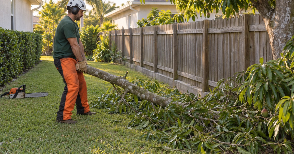 Worker lifting a severed mango limb butt back off a neighbor’s turf at a Fort Myers boundary.
