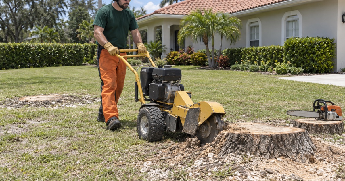 Worker walking a stump grinder by its tow bar toward a cut live oak stump on a Fort Myers lot.