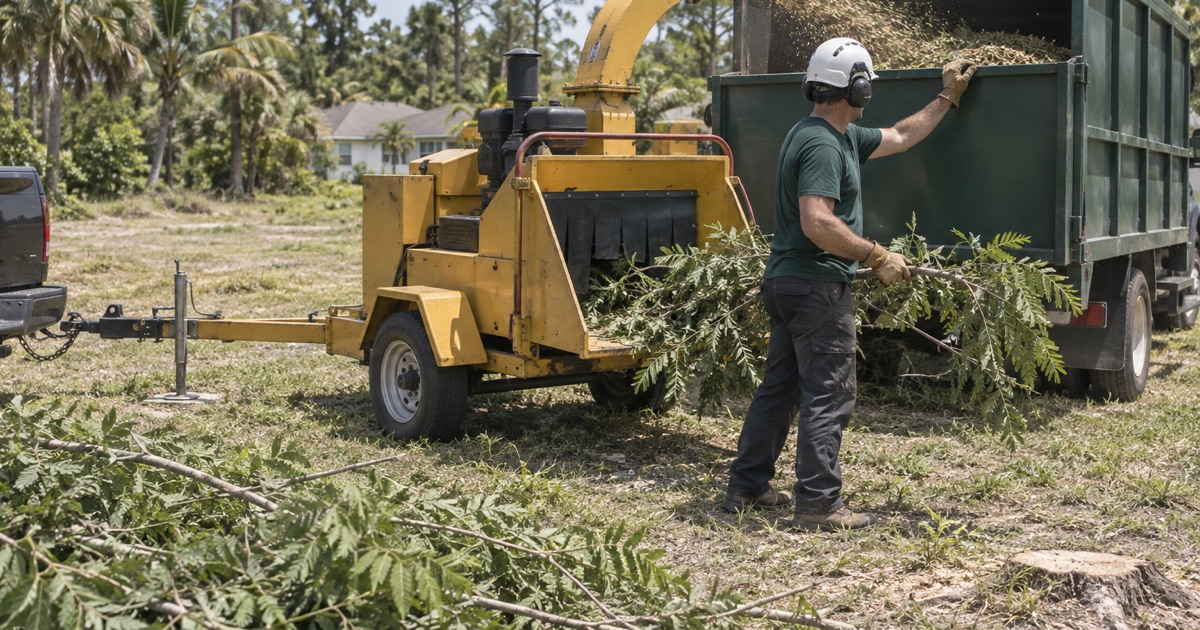 Worker loading cut earleaf acacia brushwood over the chip box rail on a Fort Myers lot.