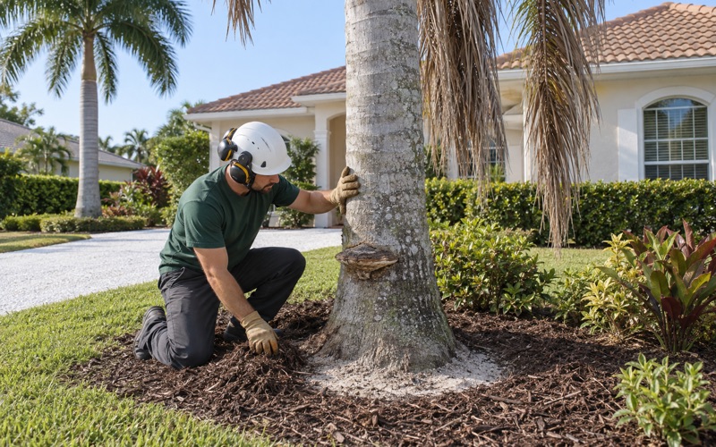 Worker examining a bracket conk low on a declining royal palm trunk in Fort Myers.