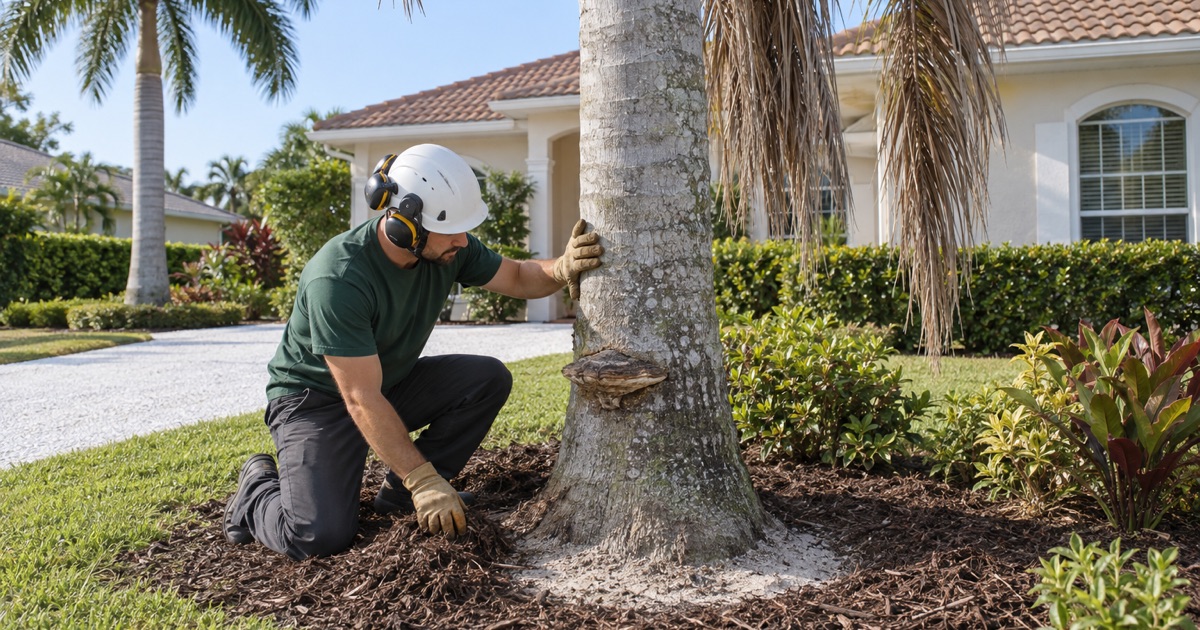 Worker examining a bracket conk low on a declining royal palm trunk in Fort Myers.