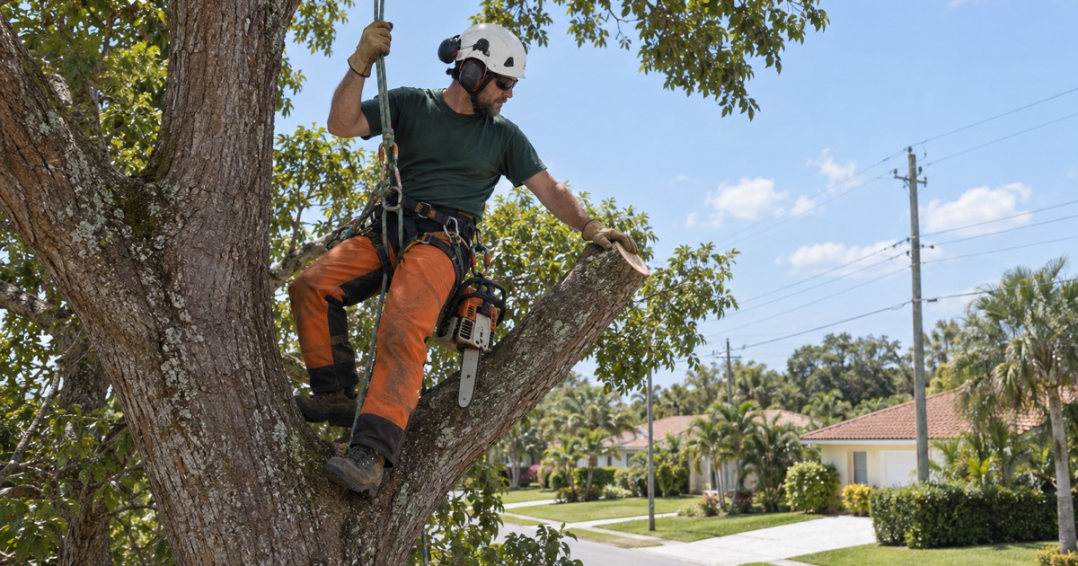 Climber on rope making a reduction cut at the branch collar of a mahogany limb over a Fort Myers street.